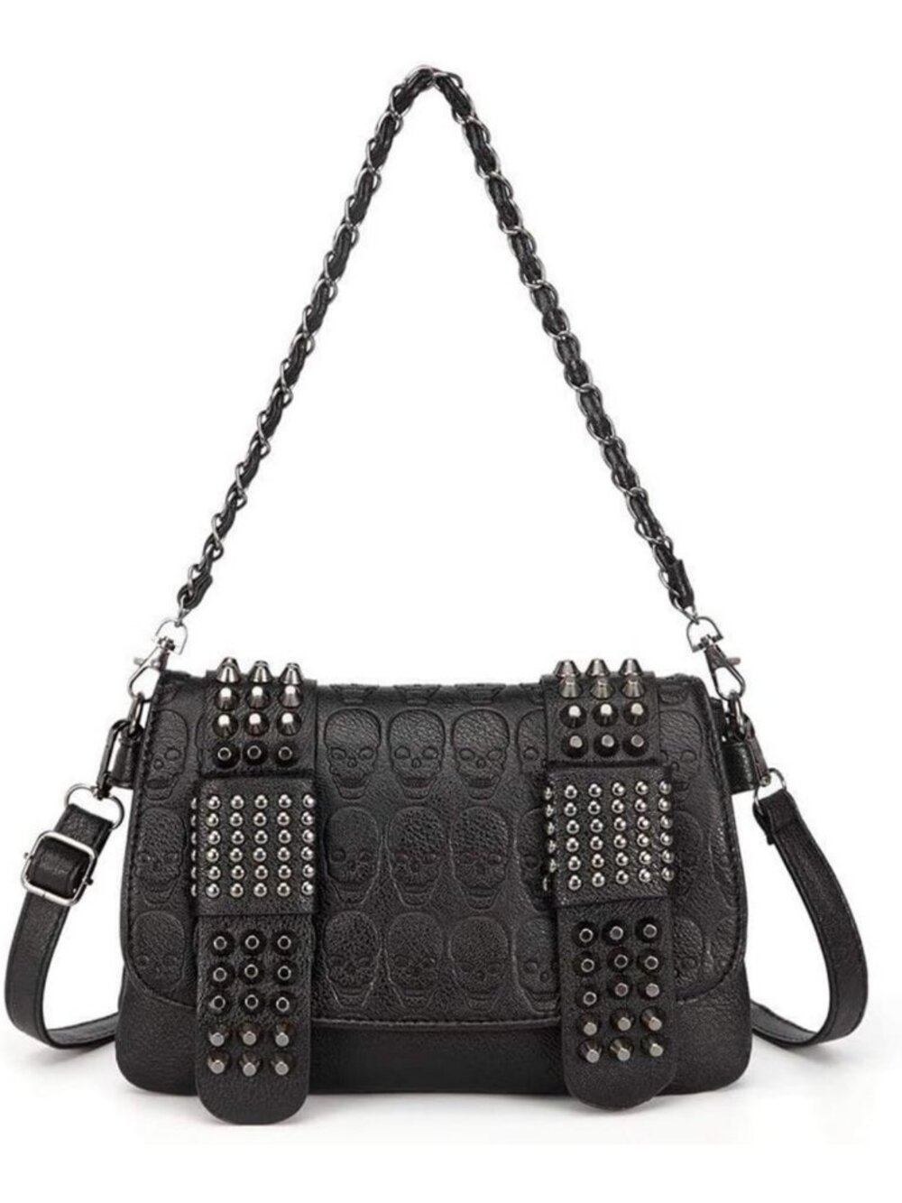 Punk Skull Shoulder Bag - Goth Rivet Tote, PU Leather Chain Handbag, Black